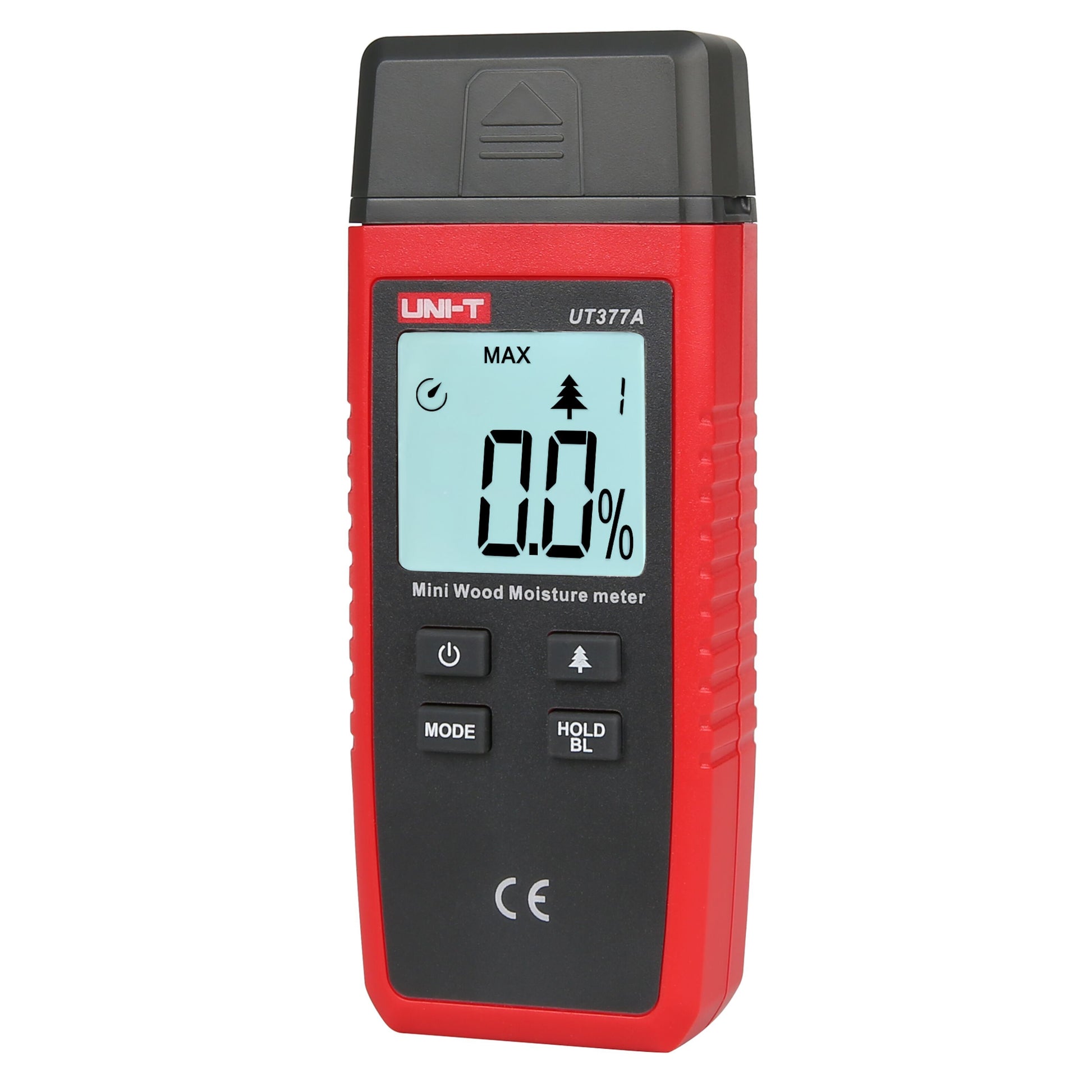 Uni-T UT377A fugtmåler rød/sort, viser 0,0, Mini Wood Moisture Meter, knapper til mode/hold/baglys, CE-mærke nederst.