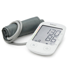 Luxorparts digitale blodtryksmåler til overarm, hvid med grå manchet, display viser 130/86, knapper og farvemarkører.