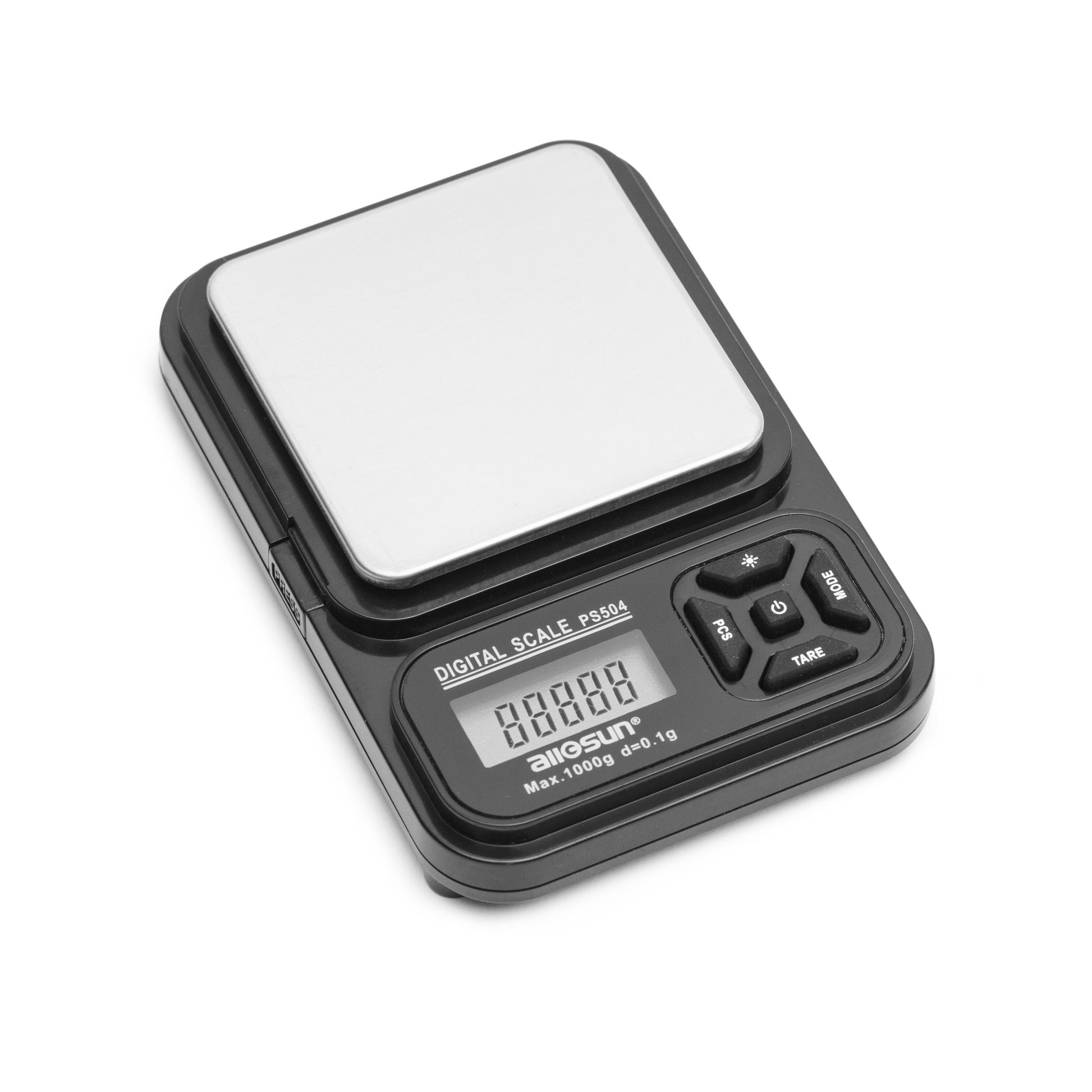 Luxorparts bærbar vægt med metalvejeplade, LCD-display og knapper til power, mode, tare og enhedsvalg.