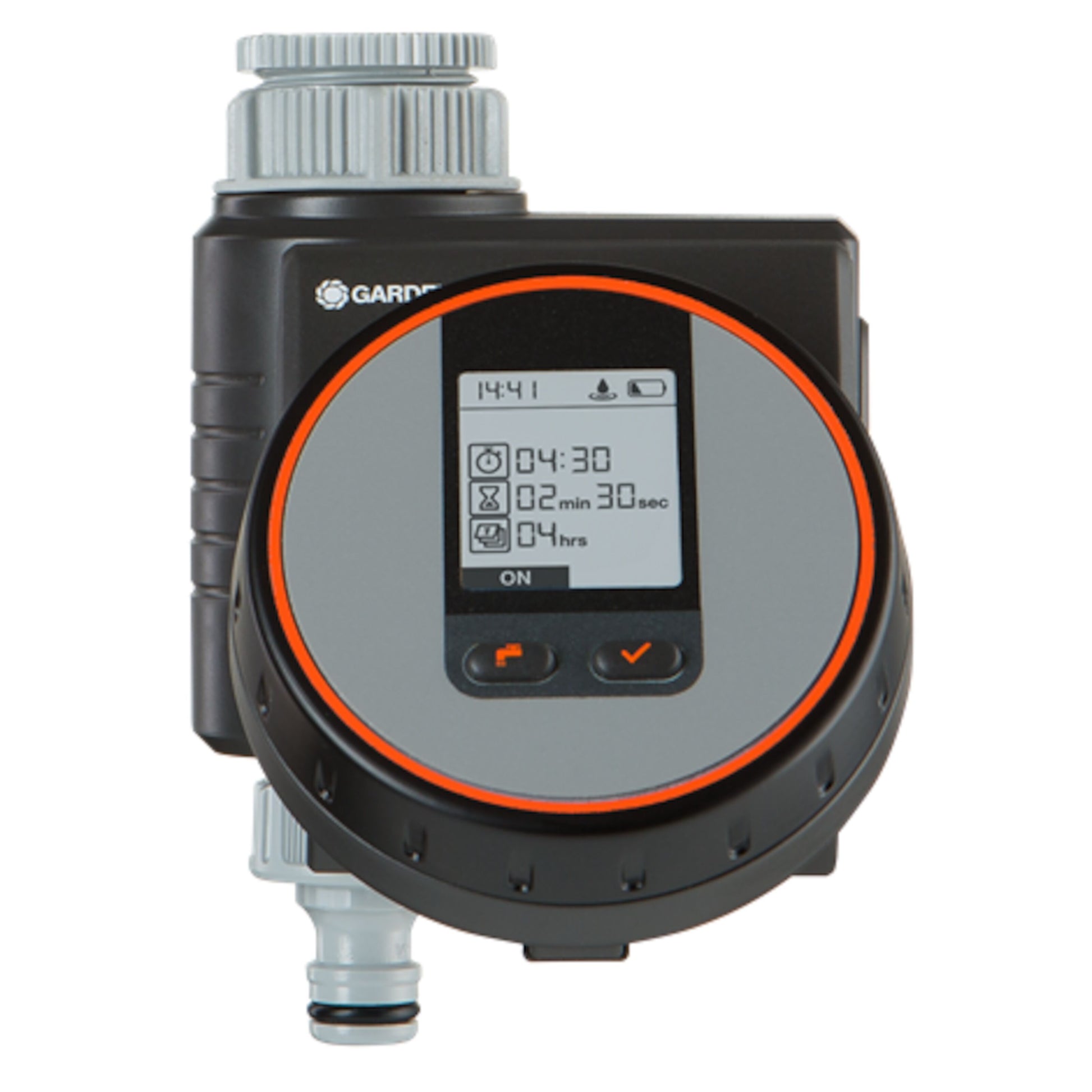 Gardena Flex digital vandingstimer med display, kontrolknapper og slangetilslutning i bunden.