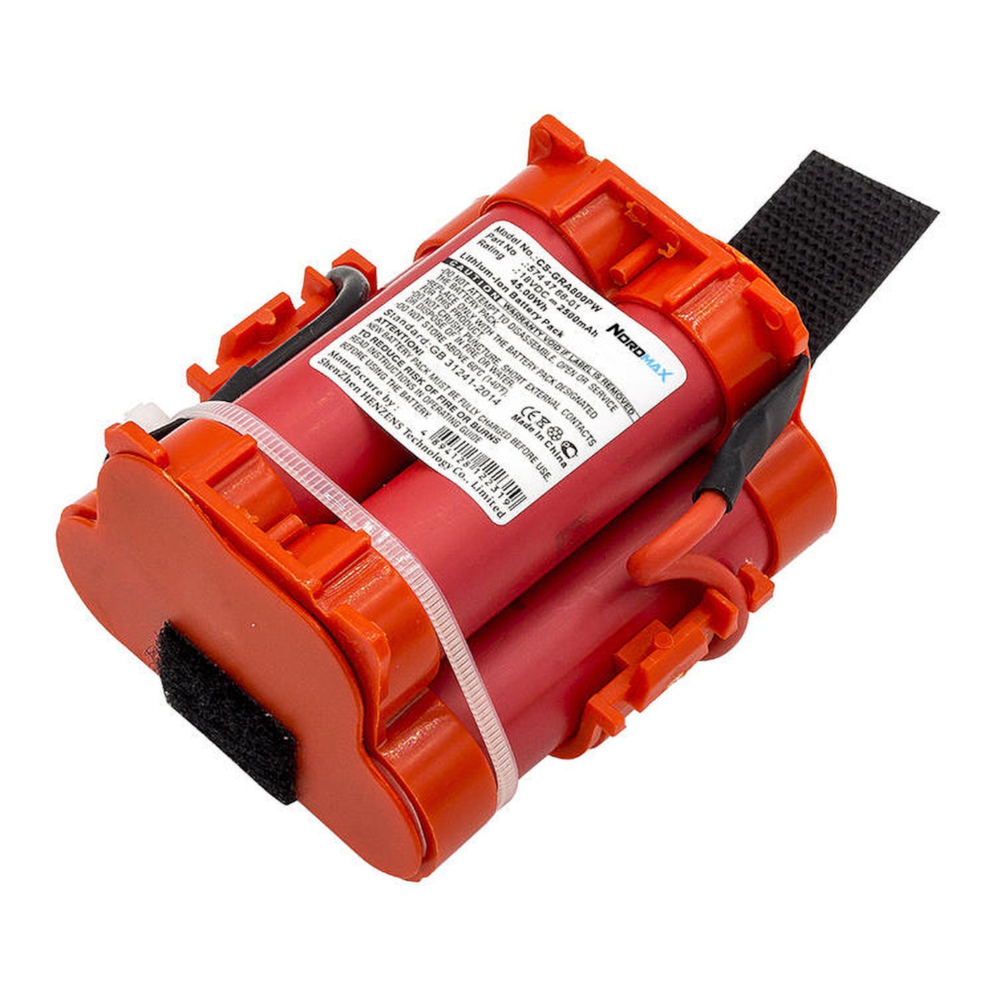 18V Li-ion batteri til Husqvarna Automower/Gardena, rød cylinder, sort rem, hvid label, sikret med hvid plastbånd.