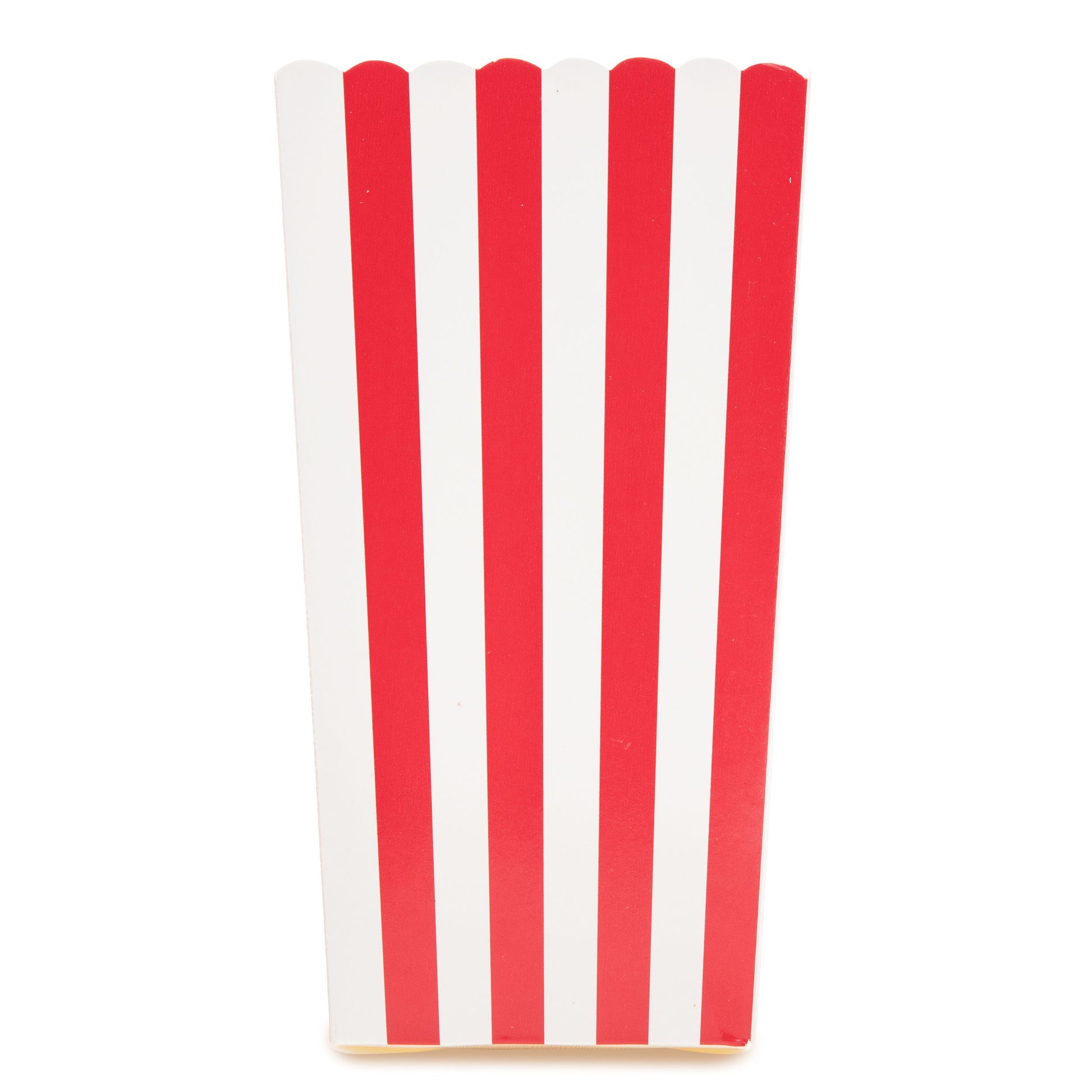 Rubicson popcornbæger 10-pak, høje tomme bægre med røde og hvide striber, velegnet til popcornmaskiner.