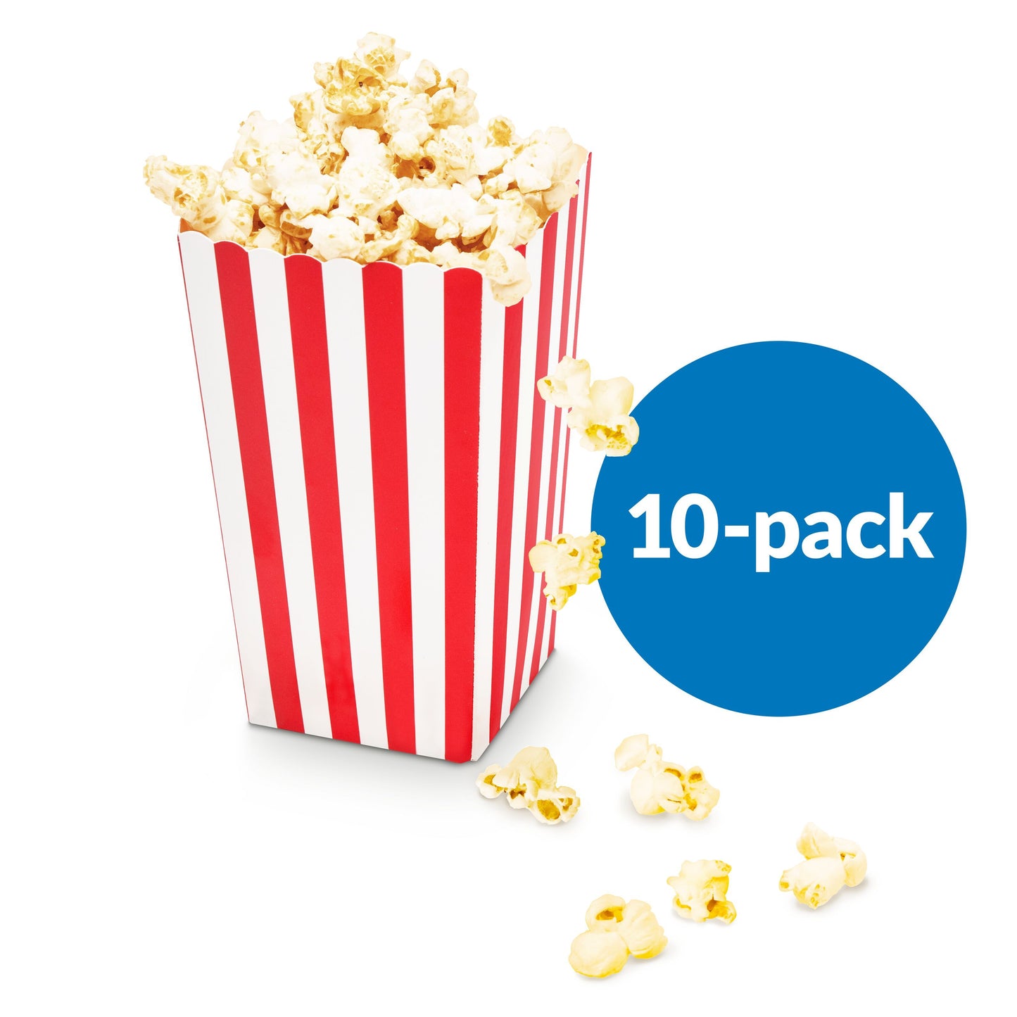 Rubicson popcornbæger 10-pak, rød/hvid stribet, med popcorn og blå cirkel med teksten "10-pack.