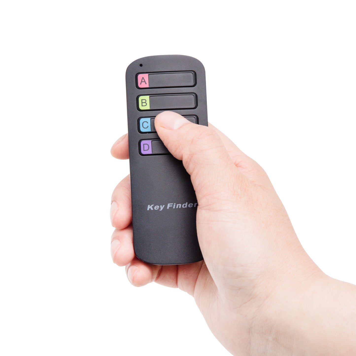 Rubicson Nøglefinder fjernbetjening sort med fire farvede knapper A B C D tommelfinger på B-knappen.