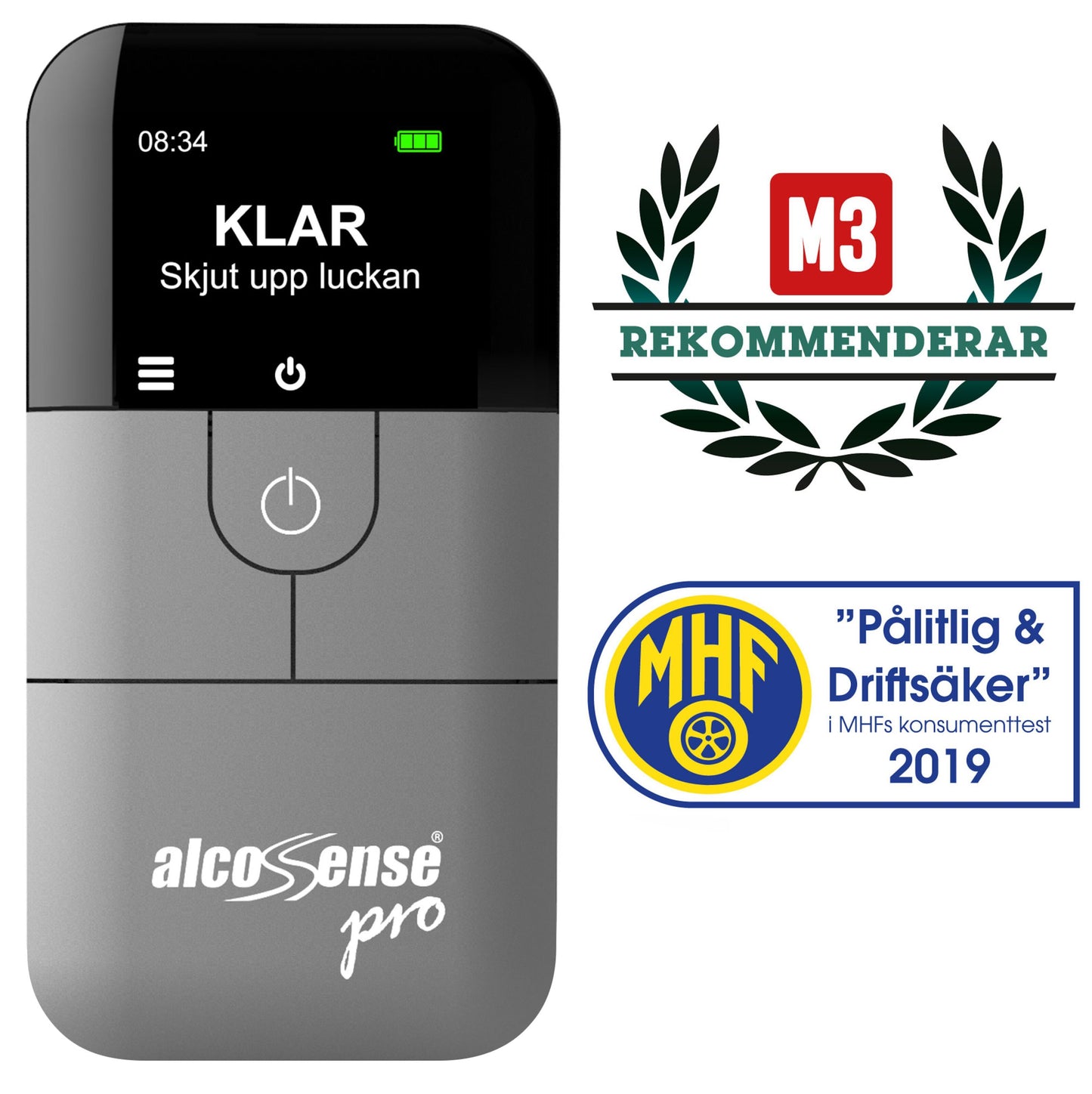Alcosense For alkoholtester med displaytekst "KLAR Skjut upp luckan" og synlige M3 og MHF testmærker.