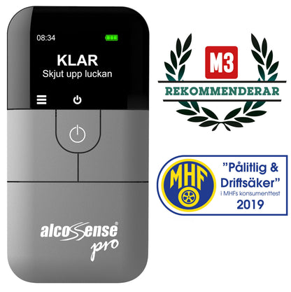 Alcosense For alkoholtester med displaytekst "KLAR Skjut upp luckan" og synlige M3 og MHF testmærker.