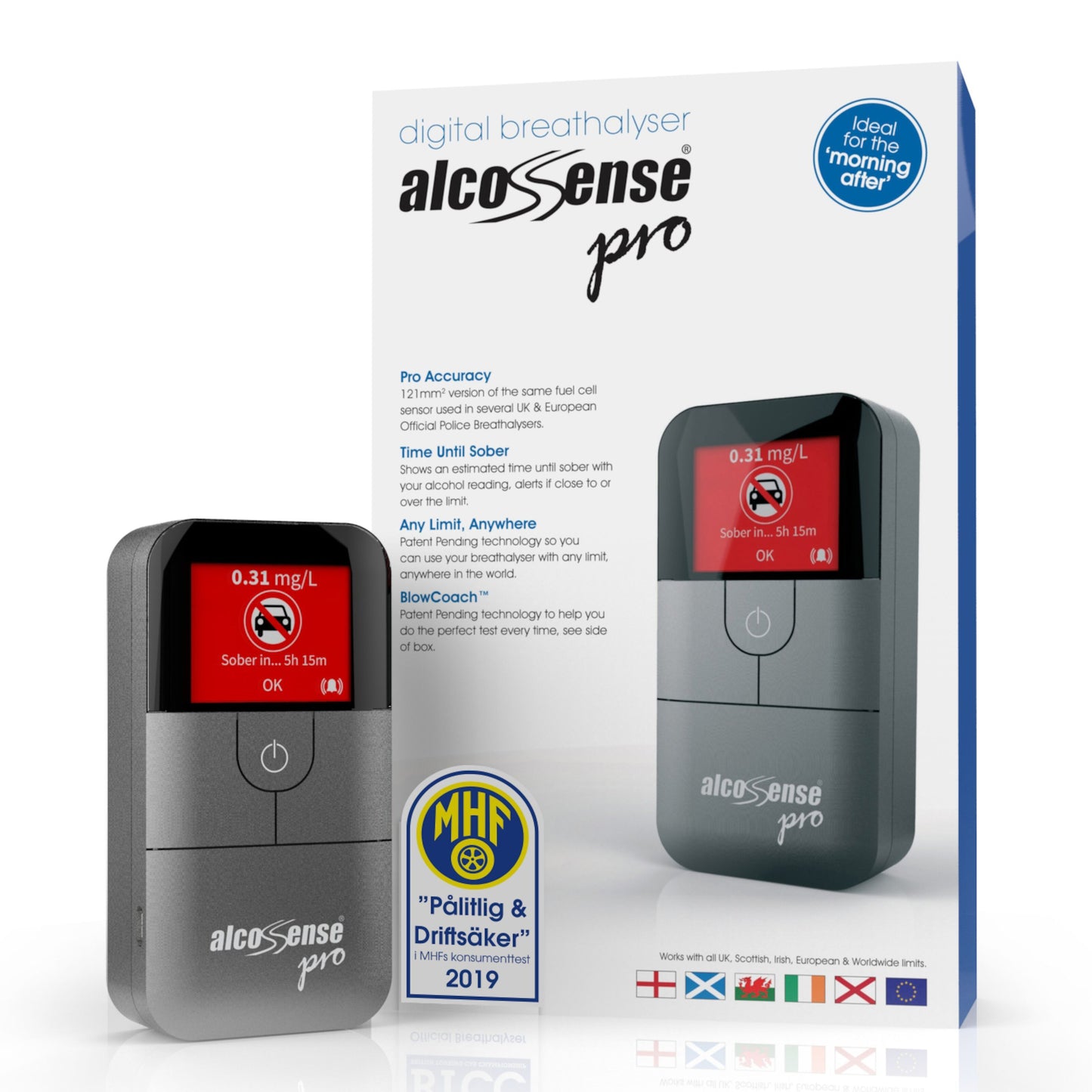 Alcosense For alkoholtester foran emballage med produktbillede, funktionsikoner, prisbadge og EU-flag.