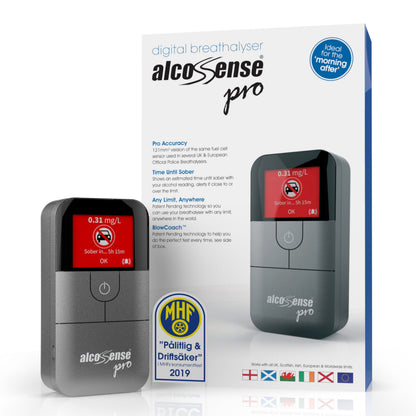 Alcosense For alkoholtester foran emballage med produktbillede, funktionsikoner, prisbadge og EU-flag.
