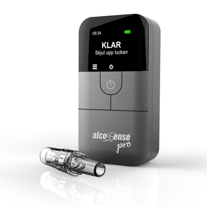 Alcosense For alkoholtester med tekst "KLAR Skjut upp luckan" på skærmen og gennemsigtigt mundstykke.