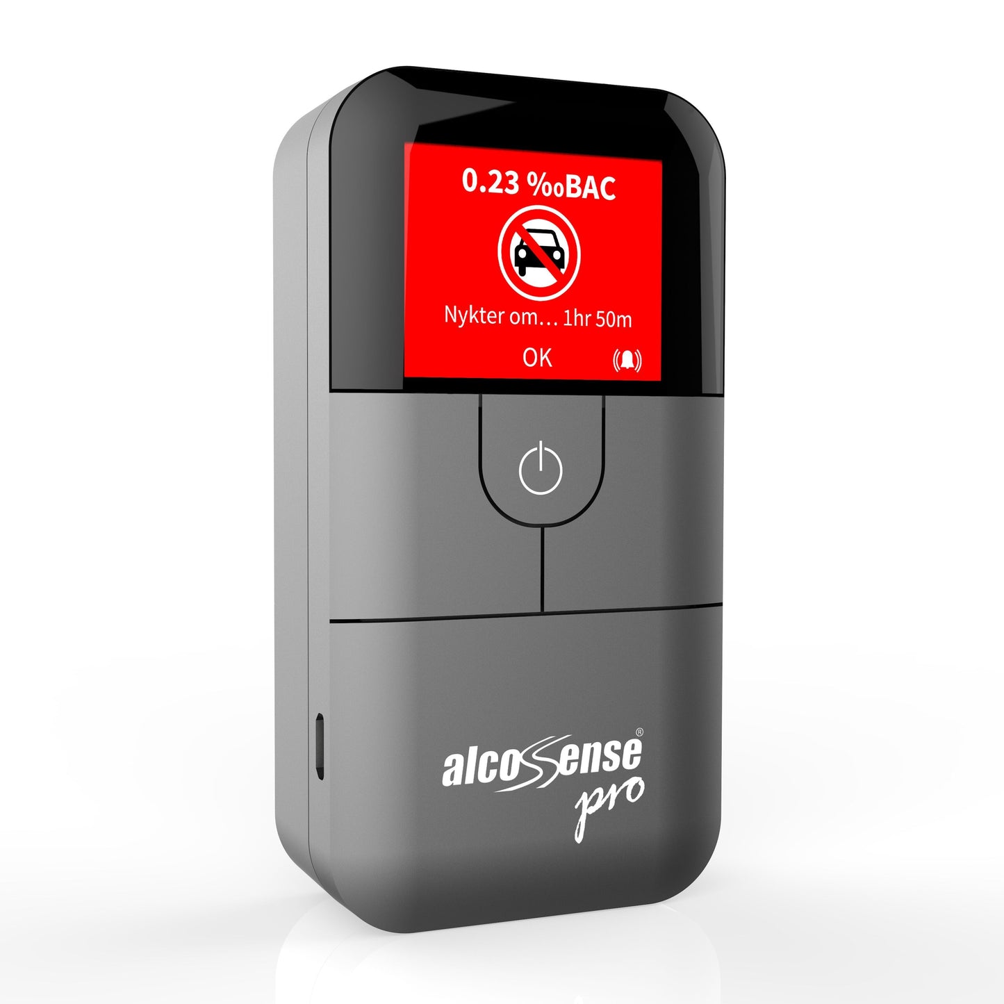 Alcosense For alkoholtester, rød skærm viser 0,23‰ BAC, no-driving symbol og tid til fuld ædruelighed.