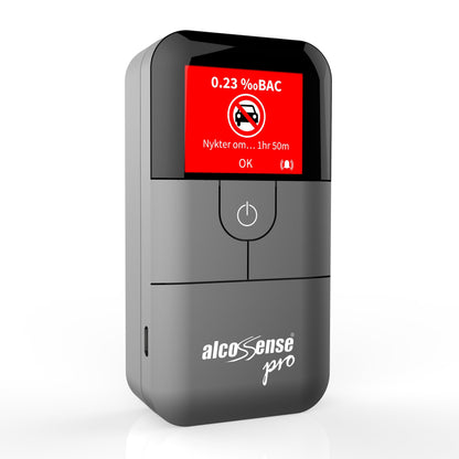 Alcosense For alkoholtester, rød skærm viser 0,23‰ BAC, no-driving symbol og tid til fuld ædruelighed.