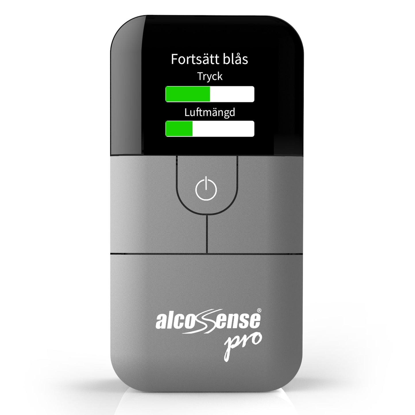 Alcosense For alkoholtester grå, digital skærm med svenske instruktioner, power-knap, Alcosense-logo nederst.