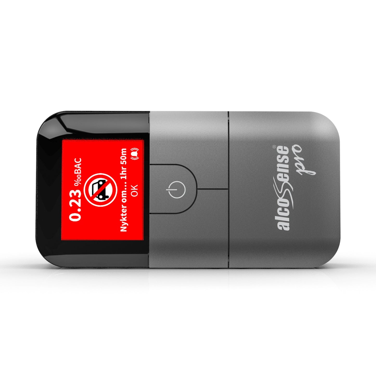 Alcosense For alkoholtester med digitalt display viser BAC 0,23‰ og advarselsikon for ingen kørsel.