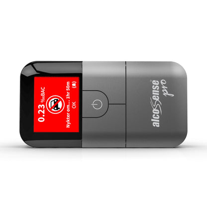 Alcosense For alkoholtester med digitalt display viser BAC 0,23‰ og advarselsikon for ingen kørsel.