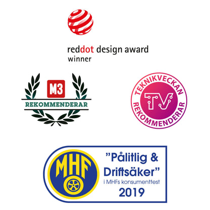 Alcosense For alkoholtester med logoer: Red Dot Design Award, M3 Rekommenderar, Teknikveckan, MHF Pålitlig  Driftsäker 2019.