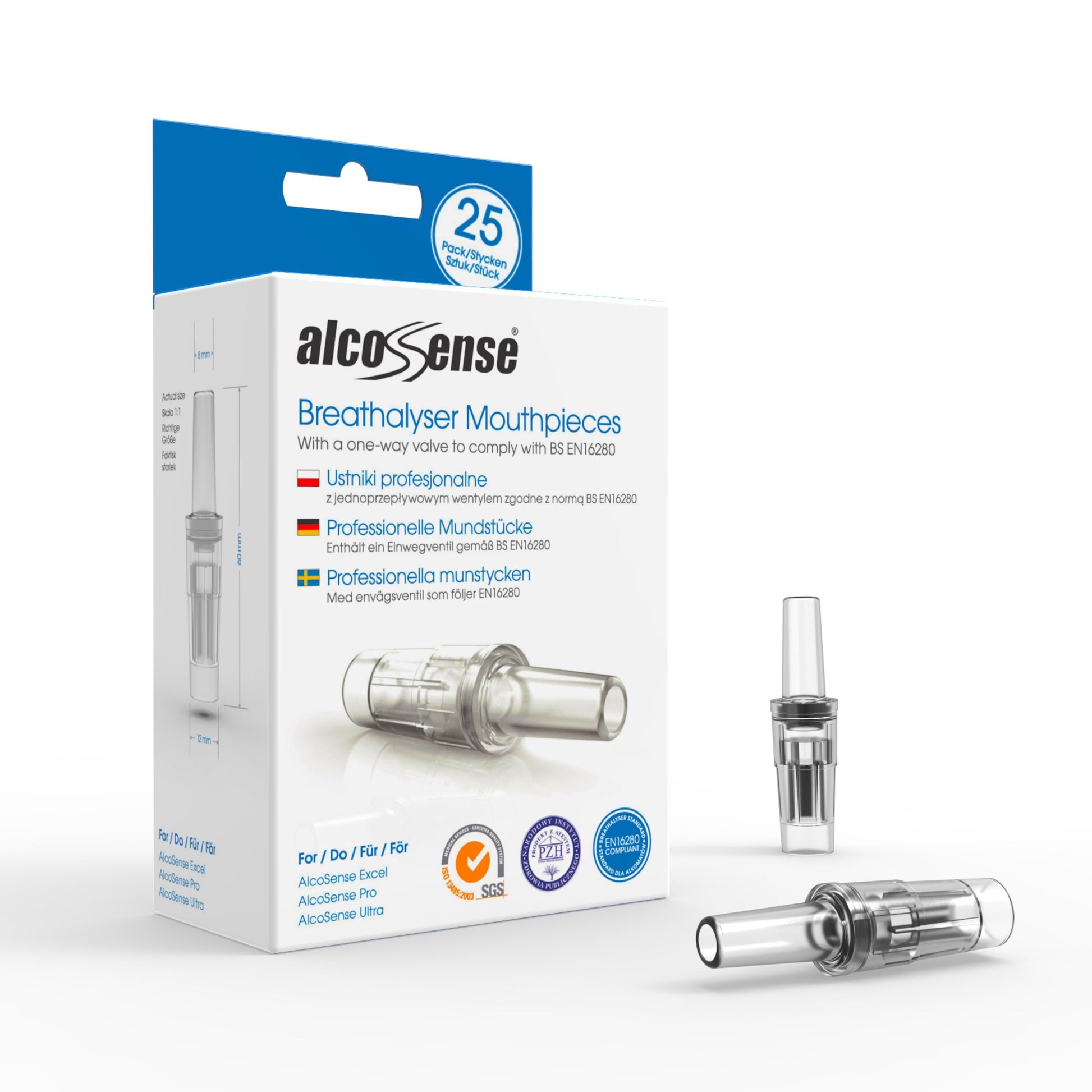 Alcosense Dyser Pro 25-pakke med 25 engangsmundstykker, til mundstykker vist ved siden af blå/hvid æske.