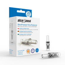 Alcosense Dyser Pro 25-pakke med 25 engangsmundstykker, til mundstykker vist ved siden af blå/hvid æske.