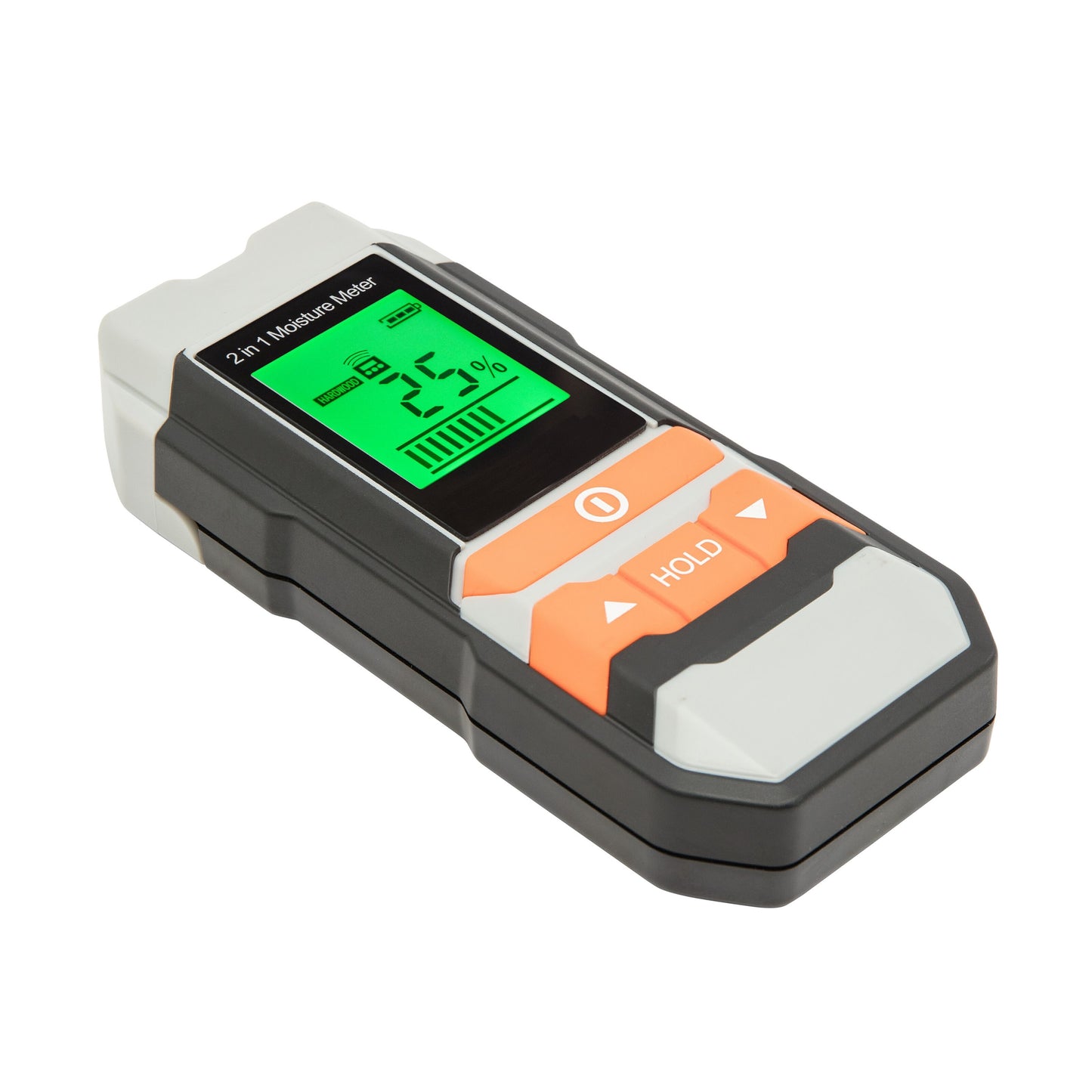 Luxorparts fugtmåler med digitalt grønt display viser 25, orange og sorte knapper, HOLD-knap til måling af byggematerialer.