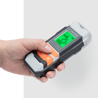 Luxorparts fugtmåler med grøn baggrundsbelyst LCD, viser målinger, batteri- og signalikoner.