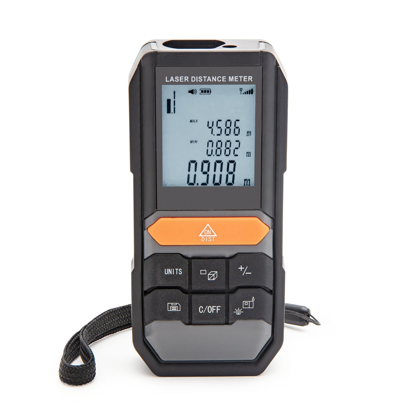Luxorparts afstandsmåler med digitalt display, orange/sorte knapper, håndledsrem og flere talværdier på skærmen.