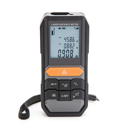 Luxorparts afstandsmåler med digitalt display, orange/sorte knapper, håndledsrem og flere talværdier på skærmen.