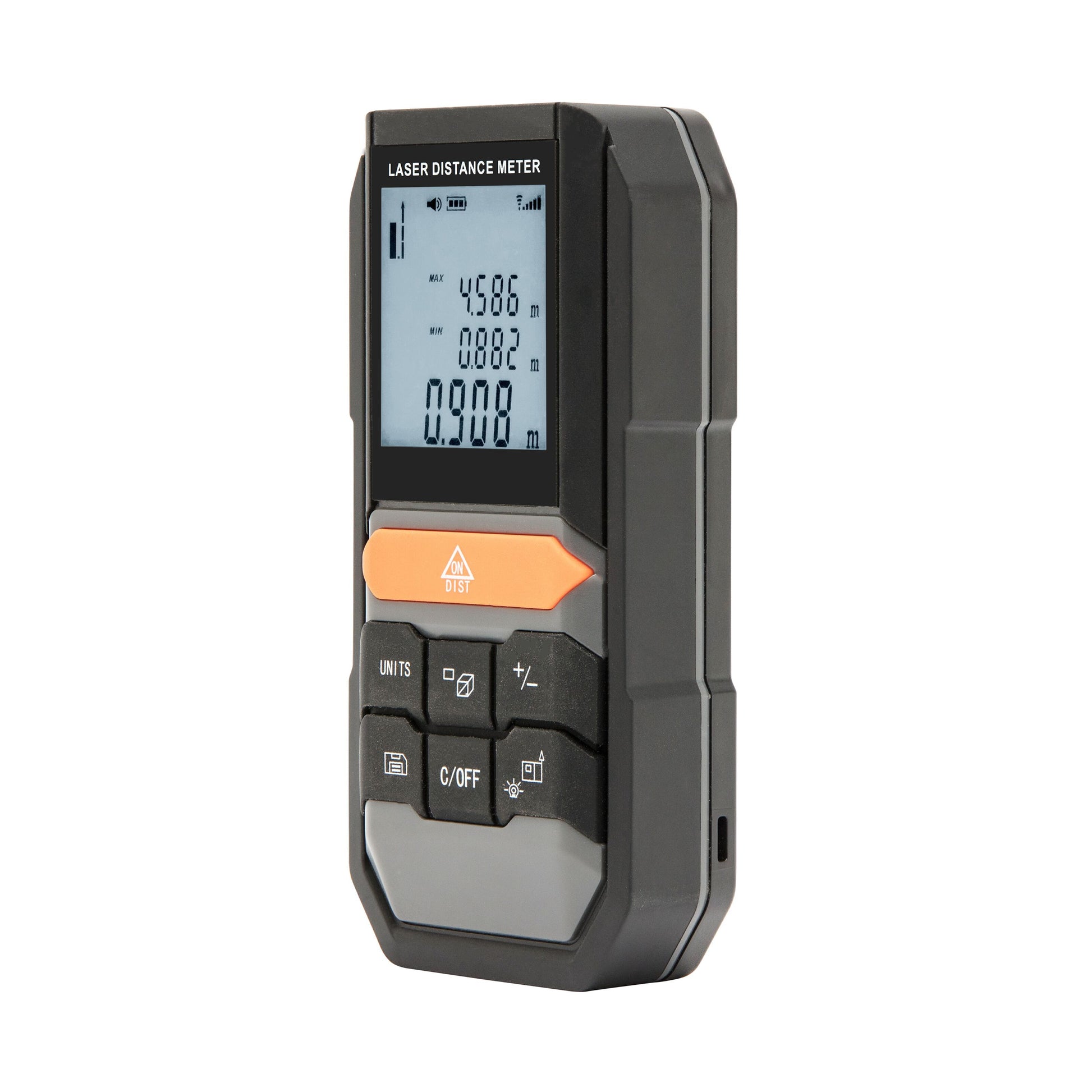 Afstandsmåler laser, display med digitale målinger, sort kabinet, orange og sorte knapper under skærmen.