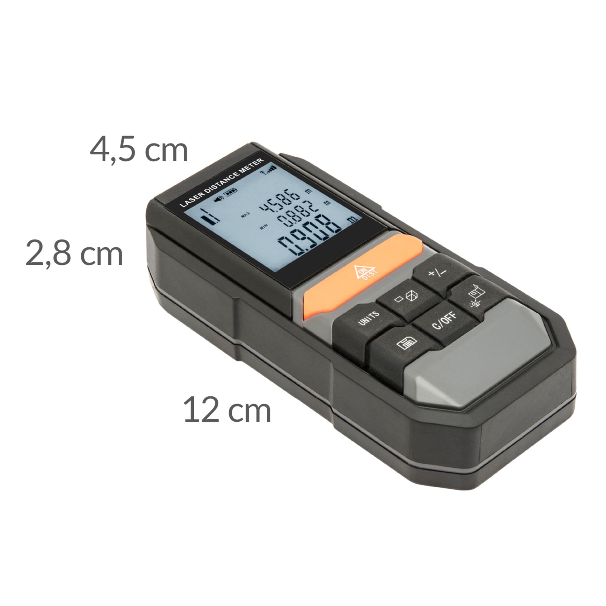 Luxorparts digitale laserafstandsmåler med display og knapper, måler 12×4,5×2,8 cm, viser digitale målinger og enheder.