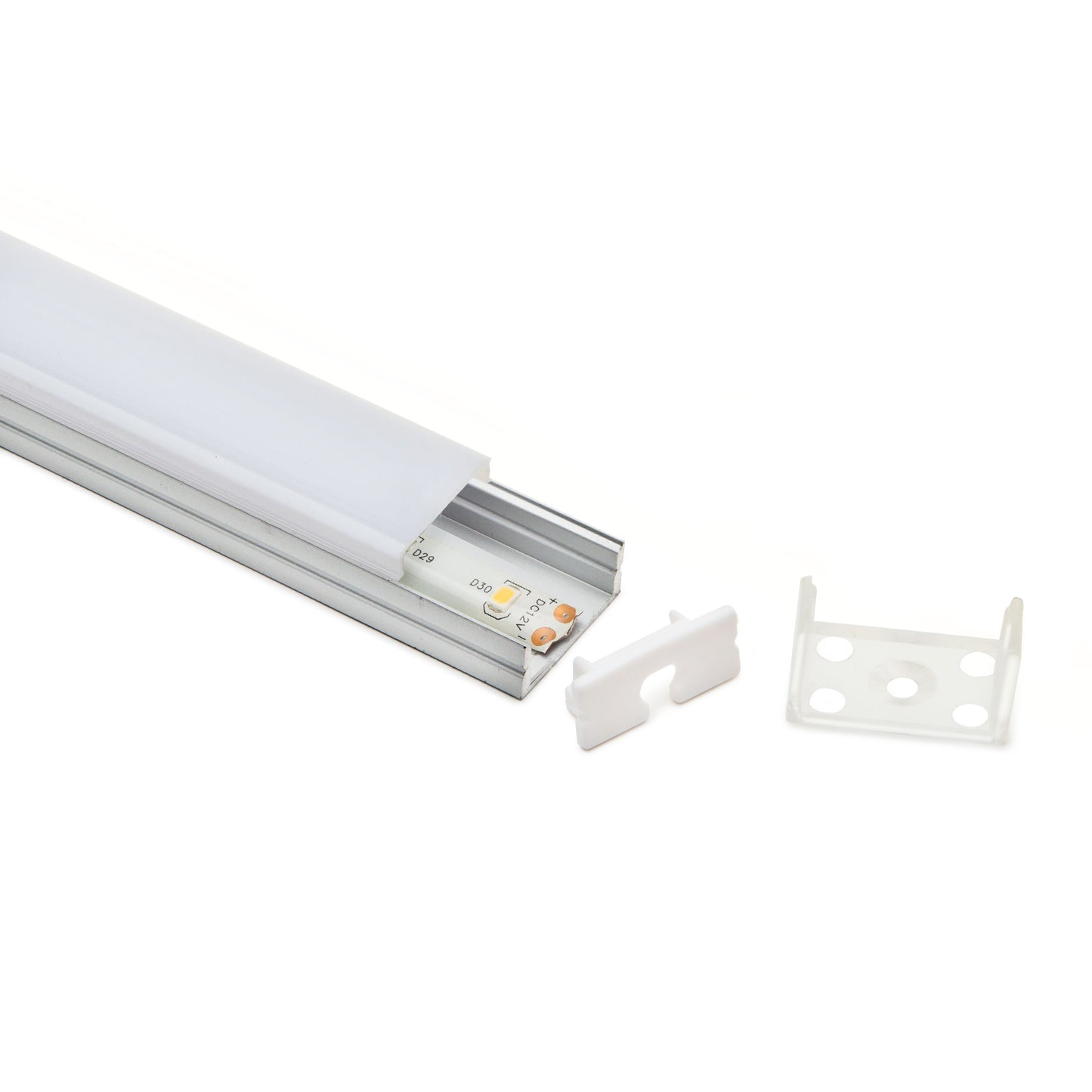 Aluminiumprofil til LED-strips, frostet plastdæksel, inkl. til monteringsbeslag, skjuler og beskytter LED-strips.