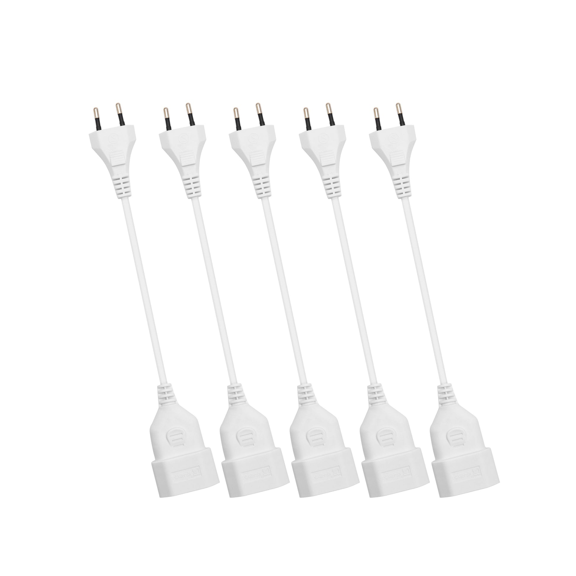 Luxorparts forlængerledning ujordet EU 15 cm, 5-pak hvide ledninger med stik i den ene ende og fatning i den anden.