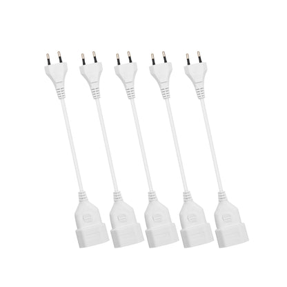 Luxorparts forlængerledning ujordet EU 15 cm, 5-pak hvide ledninger med stik i den ene ende og fatning i den anden.