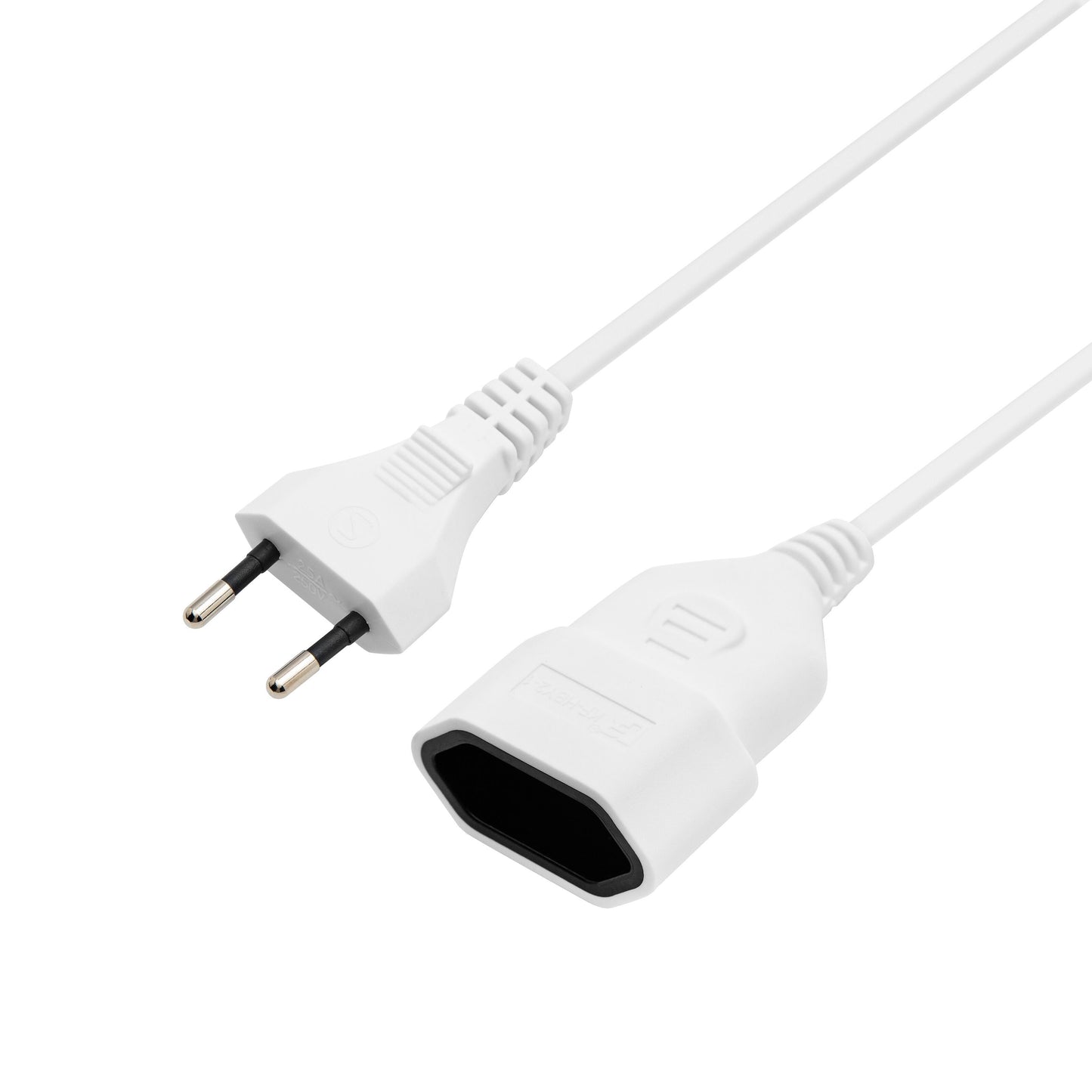 Forlængerledning ujordet EU 5-pak, hvid, tobenet stik og fatning, 15 cm kabel.