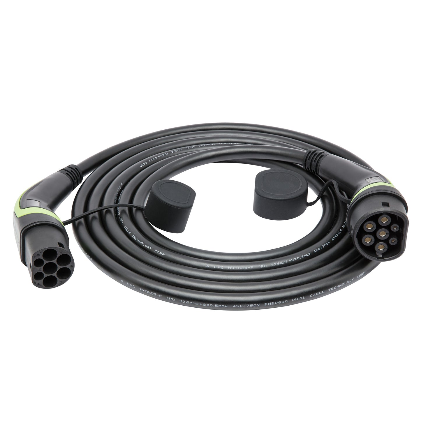 Type 2 opladningskabel til elbil, 22 kW, 3-faset, 5 m, sort spiralformet kabel med to stik og beskyttelseshætter.