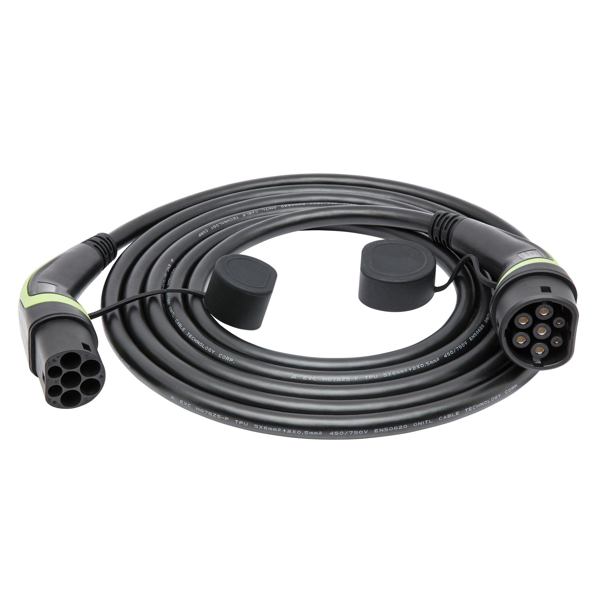 Type 2 opladningskabel til elbil, 22 kW, 3-faset, 5 m, sort spiralformet kabel med to stik og beskyttelseshætter.