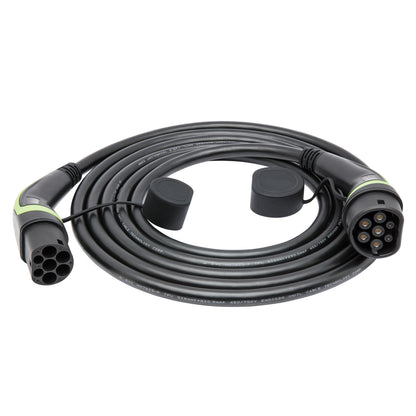 Type 2 opladningskabel til elbil 22 kW 3 faser 8 m sort spiral med beskyttelseshætter på stik.