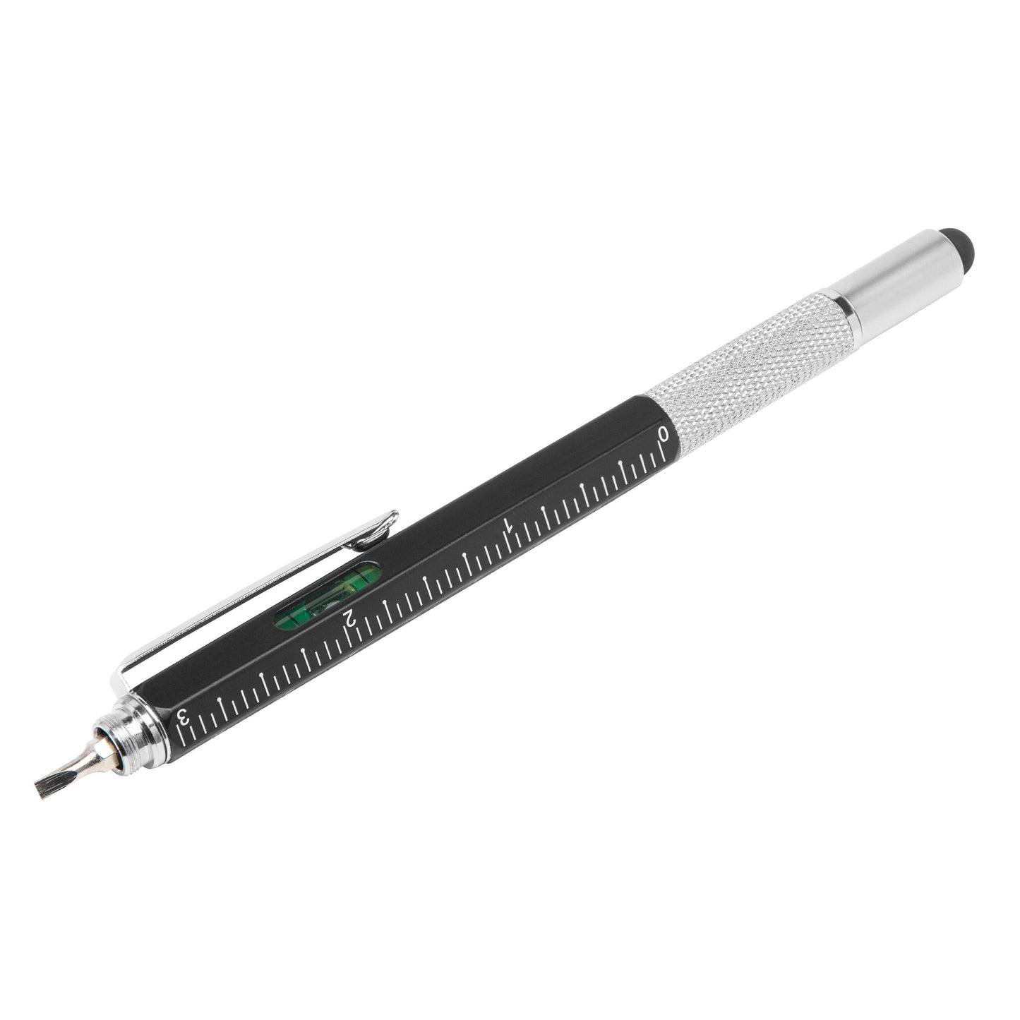 Rubicson multifunktionspen, sort/sølv, med lineal, clips, vaterpas, stylus-spids og flad skruetrækker.