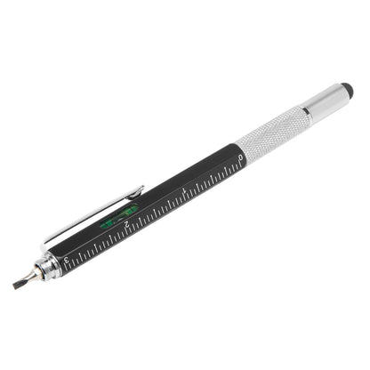 Rubicson multifunktionspen, sort/sølv, med lineal, clips, vaterpas, stylus-spids og flad skruetrækker.
