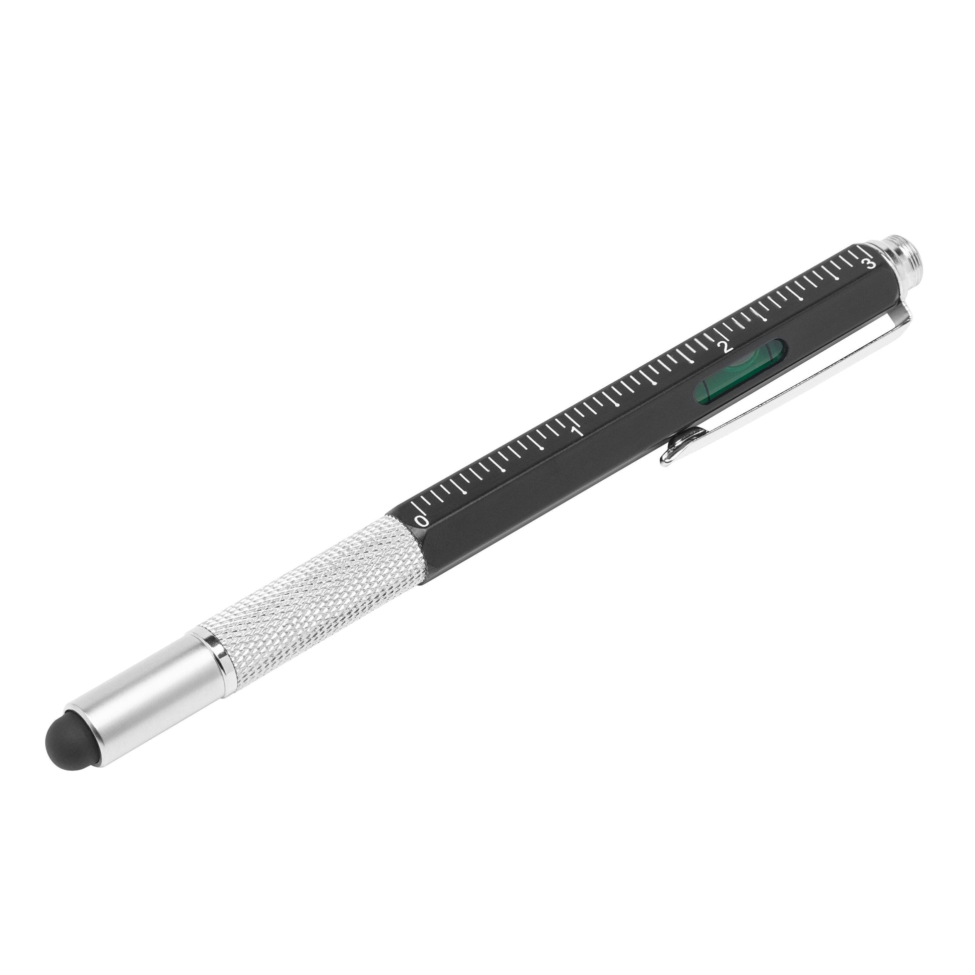 Sorter og sølv multifunktionspen med stylus, lineal, vaterpas, clips og udskiftelige bits.
