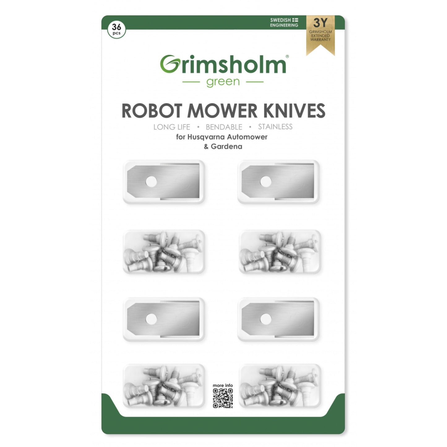Grimsholm reserveskive til Husqvarna/Gardena, 36 rustfri stålknive med skruer til robotplæneklippere.