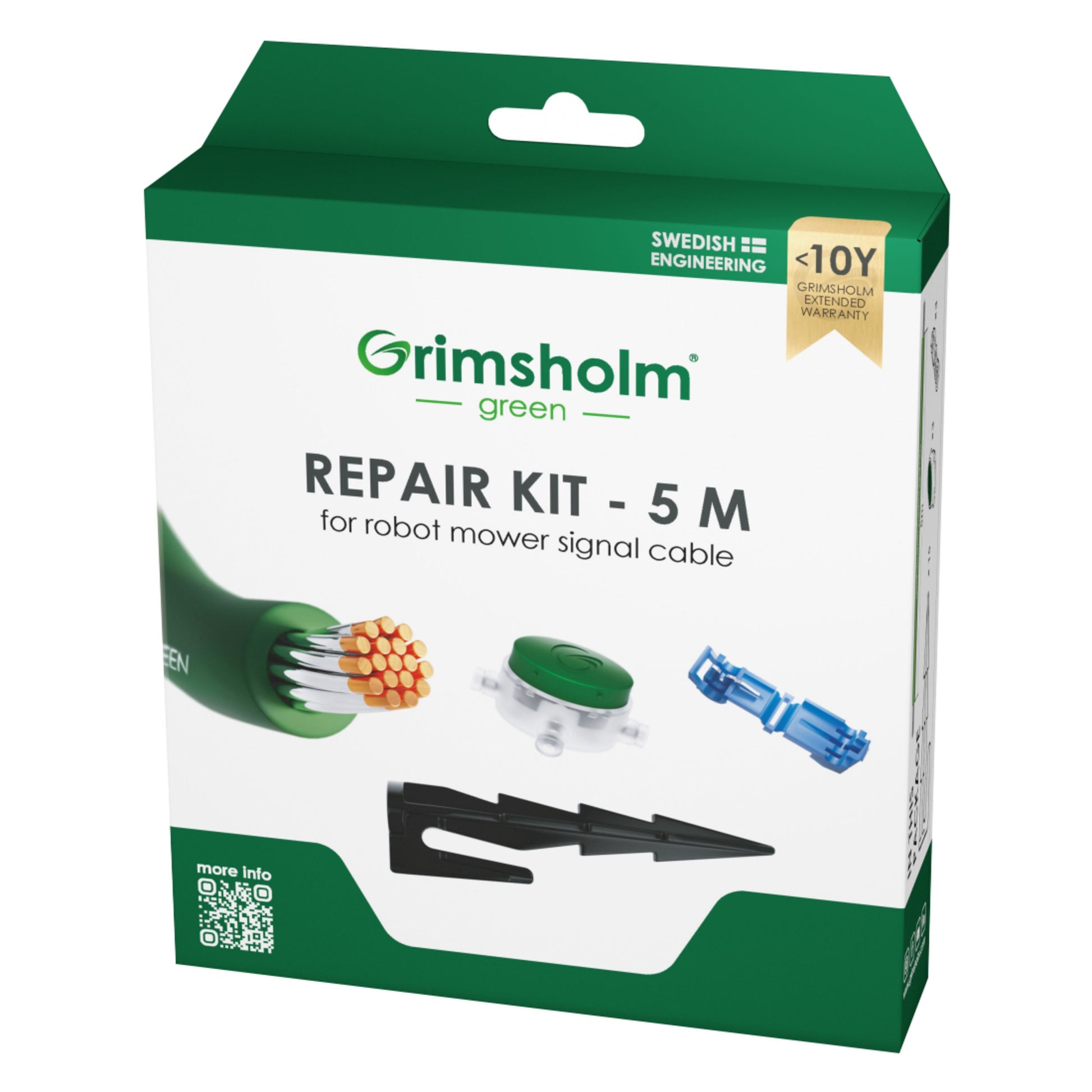 Grimsholm Reparationskit til signalkabel 5 m, med kabel, ladestationsstik og pløkker, grønhvid æske med illustrationer.