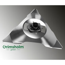 Grimsholm reservekniv til Robomow RC/RS/TS/MS med tre klinger, centerbeslag og Grimsholm-logo nederst til venstre.