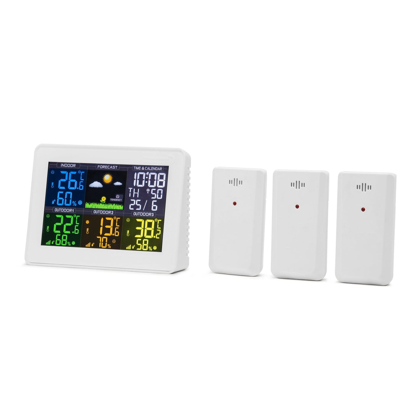 Rubicson vejrstation med 4 zoner, farvedisplay for temperatur, luftfugtighed, vejrudsigt og tid, tre hvide trådløse sensorer.