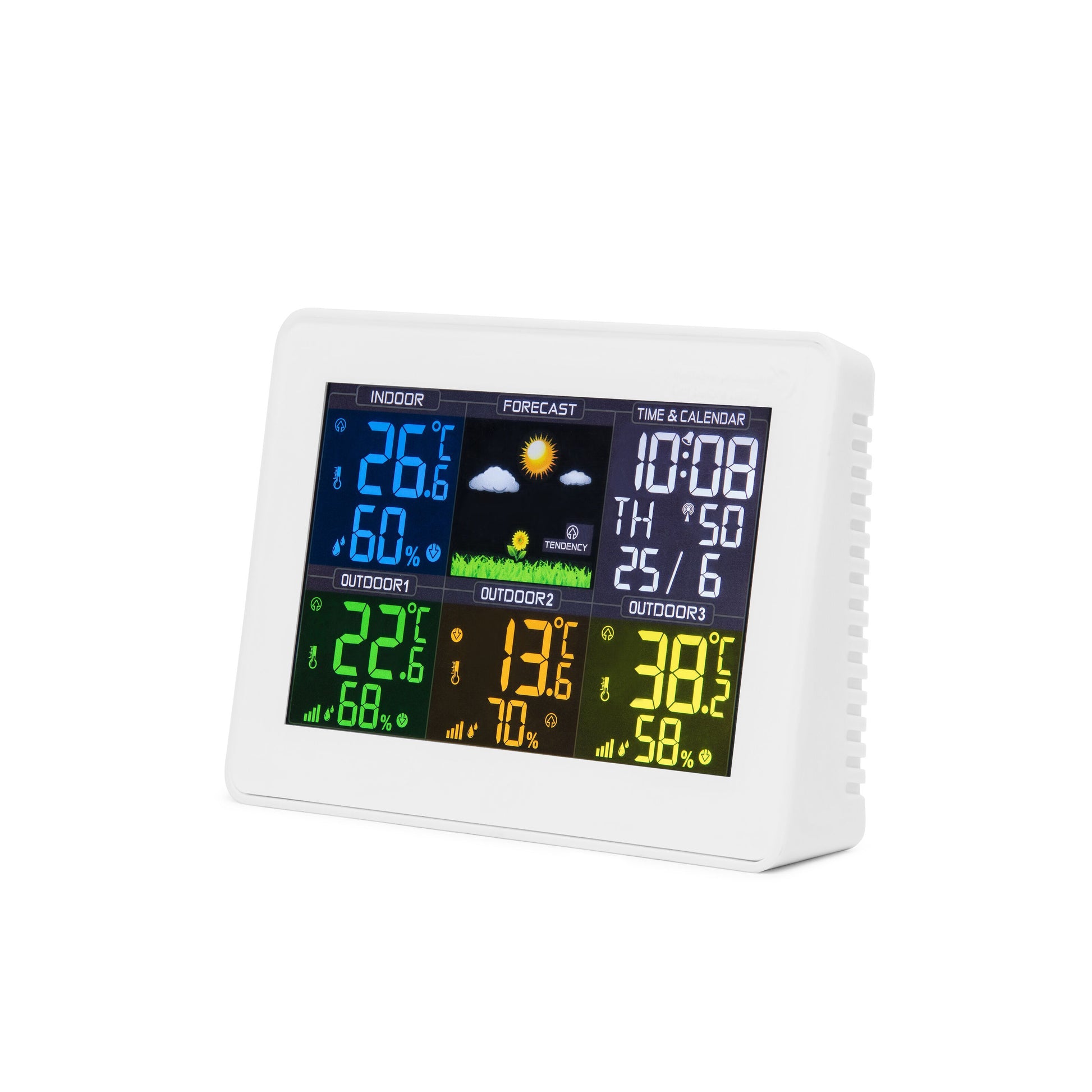 Vejrstation med 4 zoner, farvedisplay viser inde/udendørs temperatur, luftfugtighed, vejrudsigt og dato/tid, hvidt kabinet.