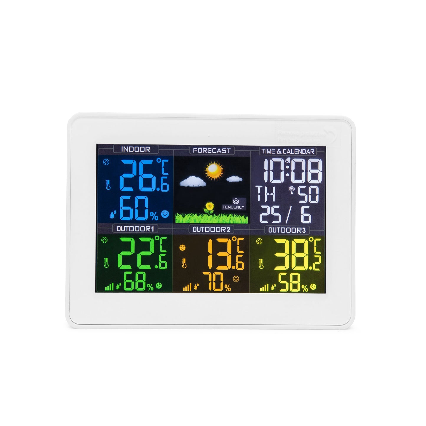 Rubicson vejrstation med brandzoner viser temperatur, luftfugtighed, vejrudsigt, tid og dato på farvedelt display.