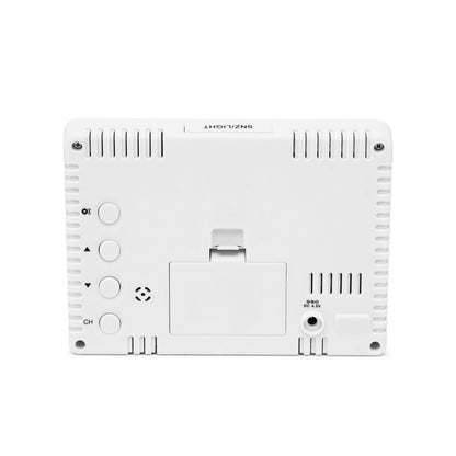 Rubicson vejrstation fire zoner bagside med ventilationsslidser, CH og ▲▼ knapper, lille port, batterirum.