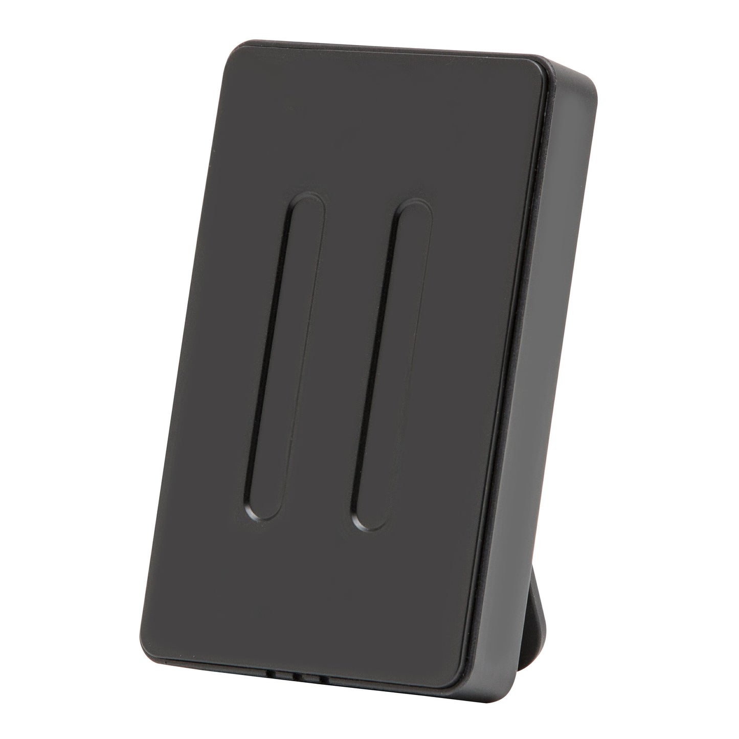 Sort rektangulær trådløs opladerstander med kickstand og to lodrette linjer, kompatibel med Rubicson-sensor.