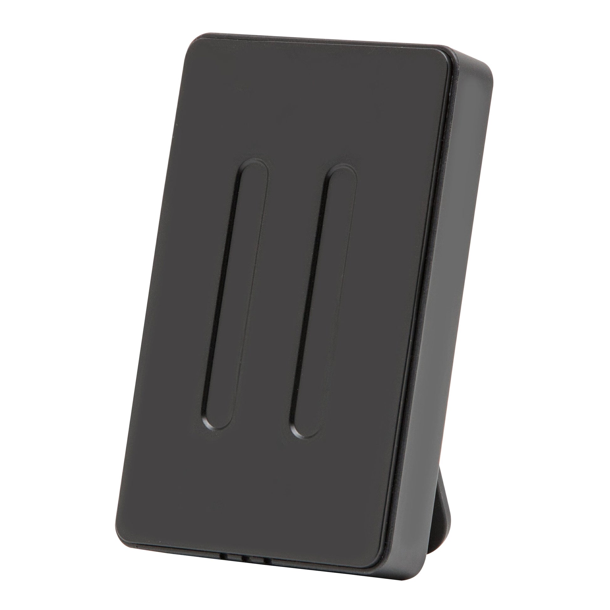 Sort rektangulær trådløs opladerstander med kickstand og to lodrette linjer, kompatibel med Rubicson-sensor.