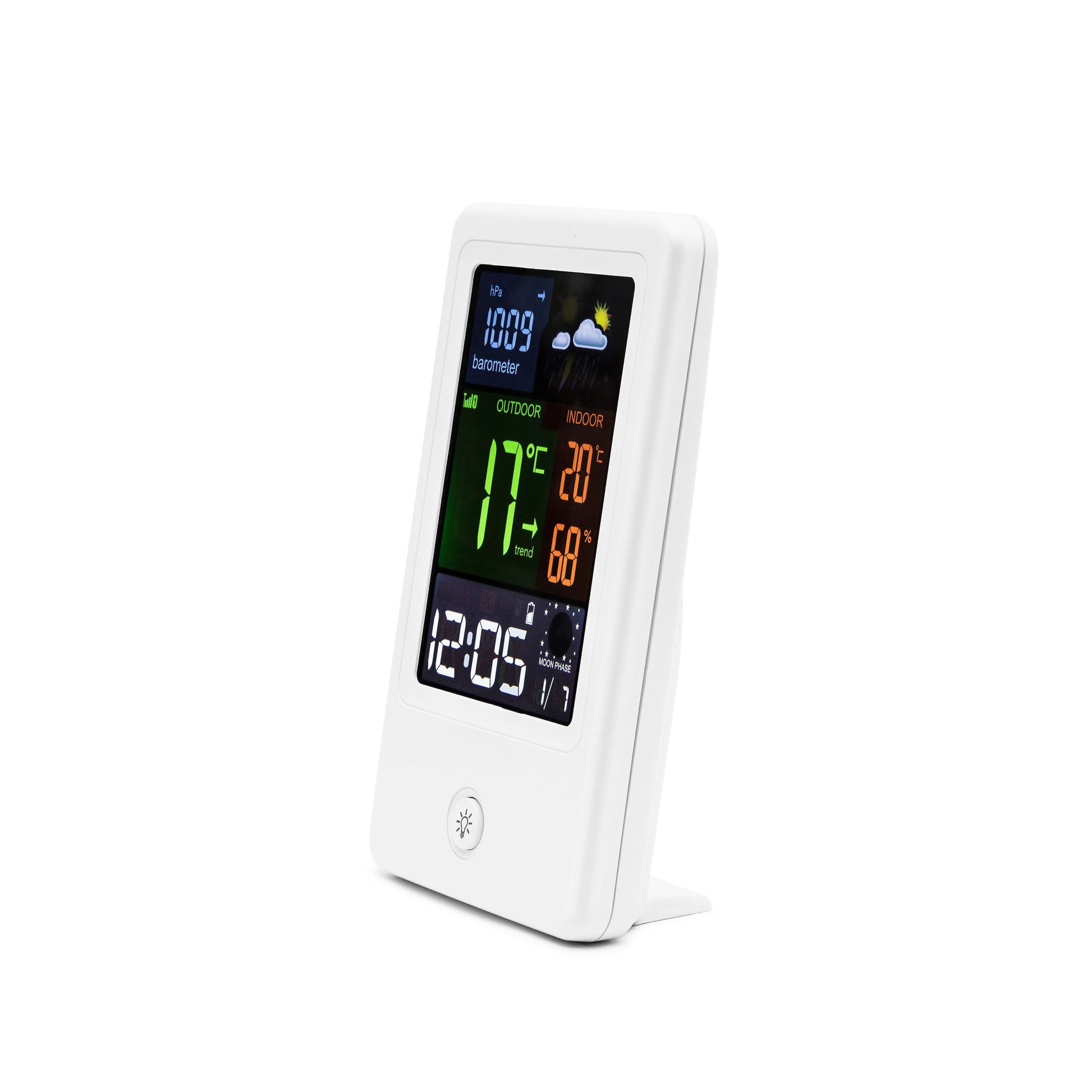 Rubicson vejrstation med farveskærm, barometer 1009 hPa, udendørs 17°C, indendørs 20°C, luftfugtighed 68, månefase, ur.