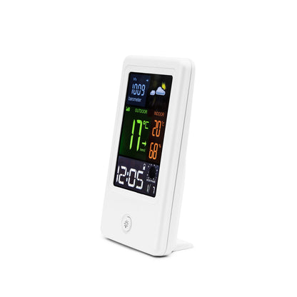 Rubicson vejrstation med farveskærm, barometer 1009 hPa, udendørs 17°C, indendørs 20°C, luftfugtighed 68, månefase, ur.