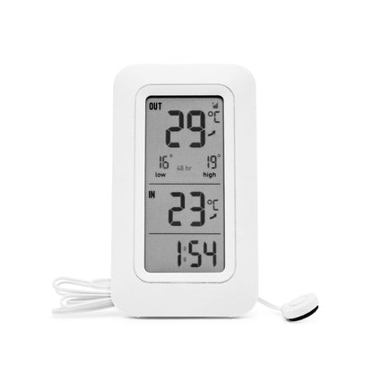 Rubicson termometer til inde/ude, display viser 29°C ude, 23°C inde, klokkeslæt 1:54, kabelsensor tilsluttet.