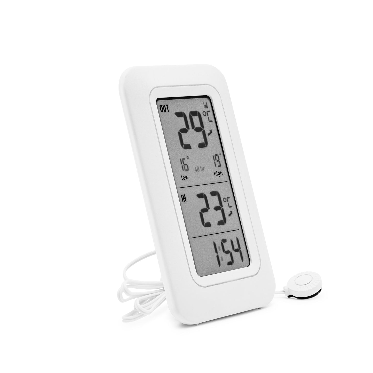 Rubicson termometer til inde- og udendørs brug, viser 29°C ude, 23°C inde, tid 1:54, hvid med kabelsensor.